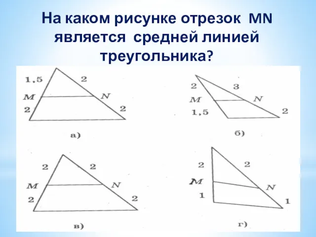 На каком рисунке отрезок MN является средней линией треугольника?