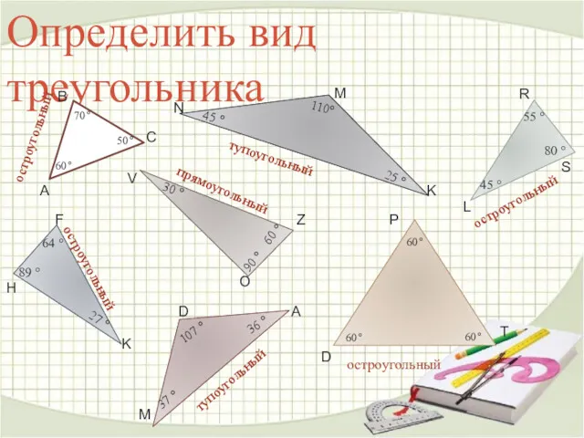 Определить вид треугольника остроугольный тупоугольный остроугольный прямоугольный остроугольный тупоугольный остроугольный