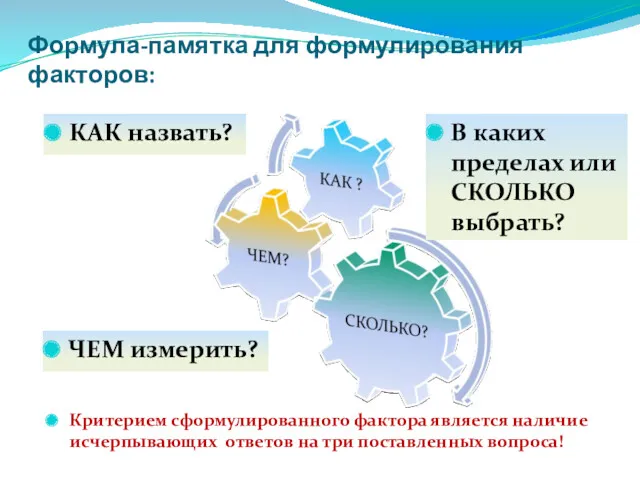 Формула-памятка для формулирования факторов: КАК назвать? ЧЕМ измерить? В каких