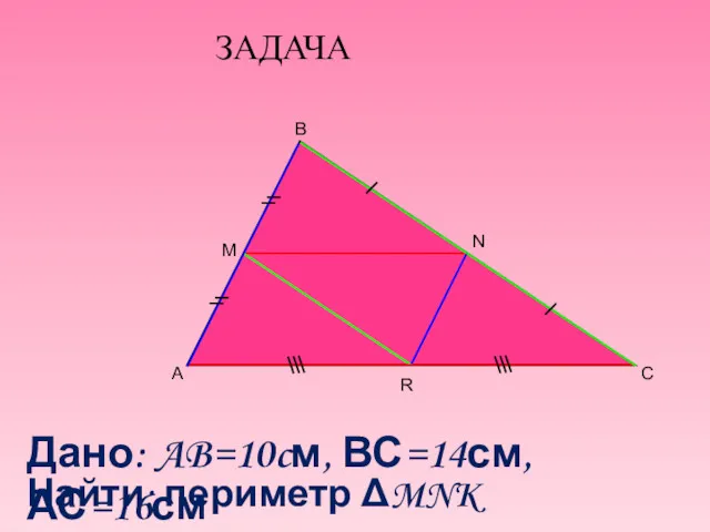 ЗАДАЧА A B C M Дано: AB=10cм, ВС=14см, АС=16см Найти: периметр ΔMNK R N