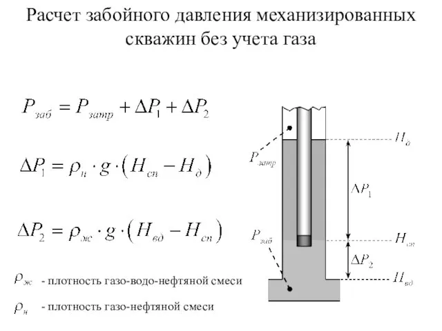 Расчет забойного давления механизированных скважин без учета газа - плотность газо-водо-нефтяной смеси - плотность газо-нефтяной смеси