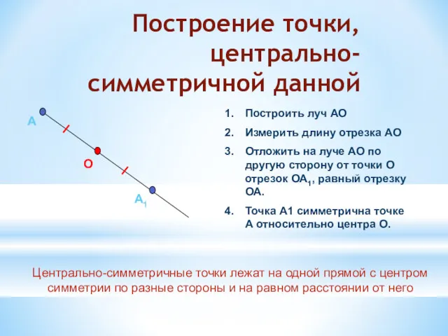 Построение точки, центрально-симметричной данной А Построить луч АО Измерить длину