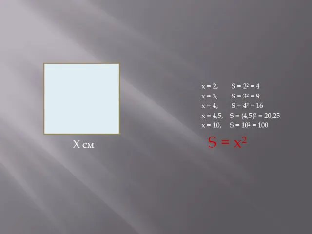 X см х = 2, S = 2² = 4 х = 3,