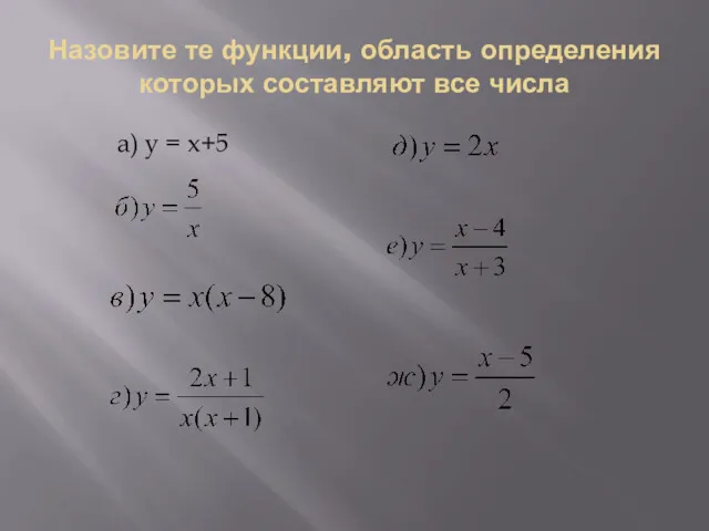 Назовите те функции, область определения которых составляют все числа а) y = x+5