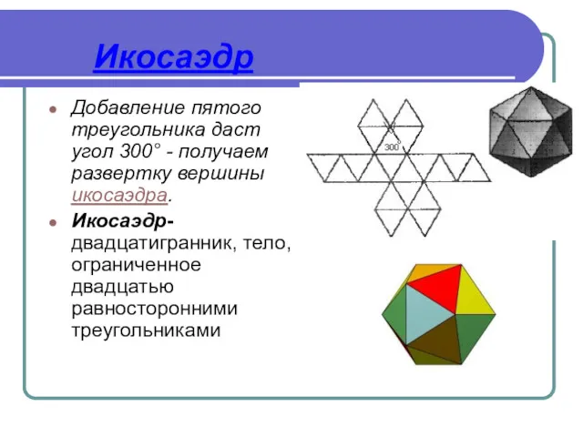 Икосаэдр Добавление пятого треугольника даст угол 300° - получаем развертку