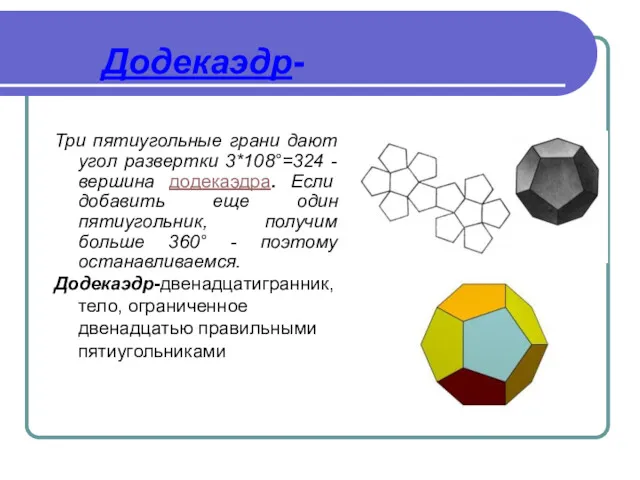 Додекаэдр- Три пятиугольные грани дают угол развертки 3*108°=324 - вершина
