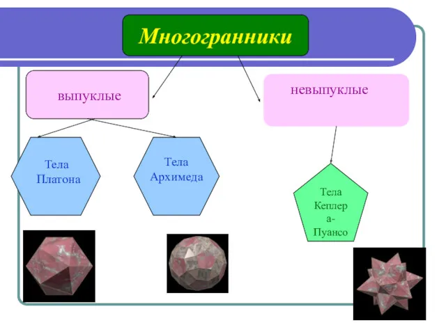 Многогранники выпуклые невыпуклые Тела Архимеда Тела Платона Тела Кеплера- Пуансо