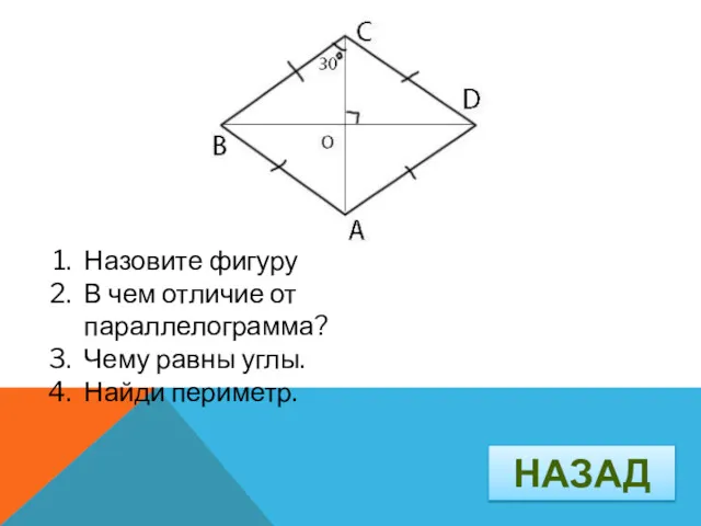 Назовите фигуру В чем отличие от параллелограмма? Чему равны углы. Найди периметр. НАЗАД