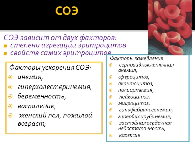 СОЭ СОЭ зависит от двух факторов: степени агрегации эритроцитов свойств