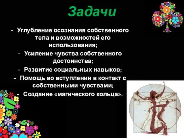 Задачи Углубление осознания собственного тела и возможностей его использования; Усиление