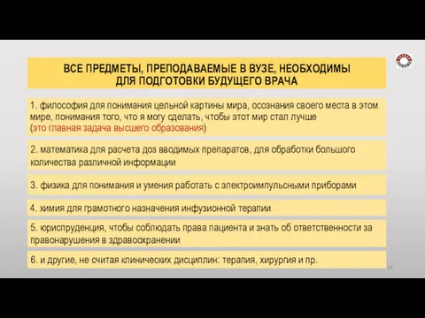 ВСЕ ПРЕДМЕТЫ, ПРЕПОДАВАЕМЫЕ В ВУЗЕ, НЕОБХОДИМЫ ДЛЯ ПОДГОТОВКИ БУДУЩЕГО ВРАЧА