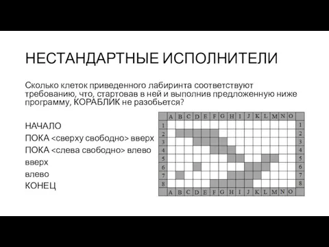 НЕСТАНДАРТНЫЕ ИСПОЛНИТЕЛИ Сколько клеток приведенного лабиринта соответствуют требованию, что, стартовав