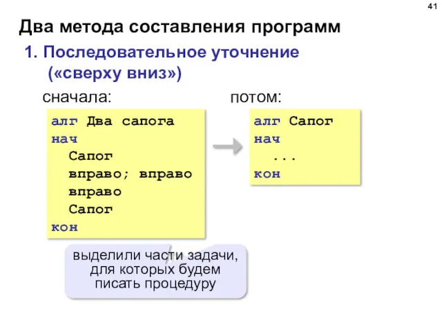 Два метода составления программ 1. Последовательное уточнение («сверху вниз») алг