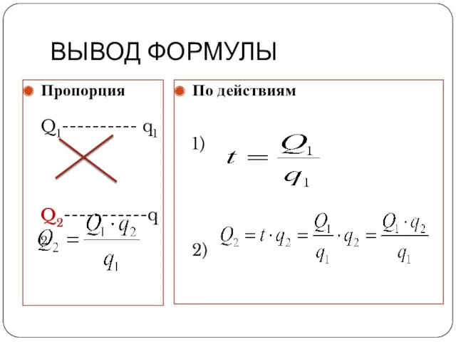 ВЫВОД ФОРМУЛЫ Пропорция Q1---------- q1 Q2-----------q2 По действиям 1) 2)