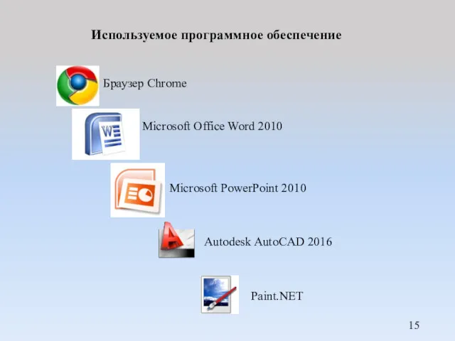 Используемое программное обеспечение Браузер Chrome Microsoft PowerPoint 2010 Autodesk AutoCAD 2016 Paint.NET Microsoft Office Word 2010