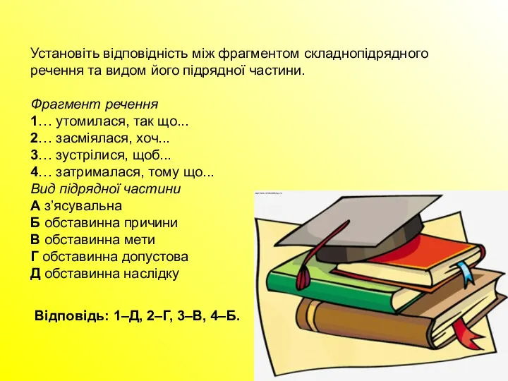 Установіть відповідність між фрагментом складнопідрядного речення та видом його підрядної