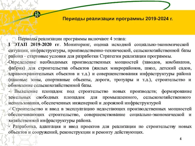 Периоды реализации программы 2019-2024 г. Периоды реализации программы включают 4