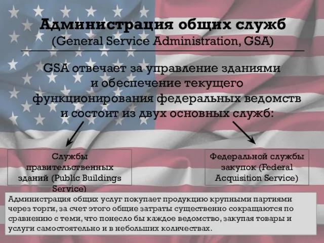 Администрация общих служб (General Service Administration, GSA) GSA отвечает за управление зданиями и