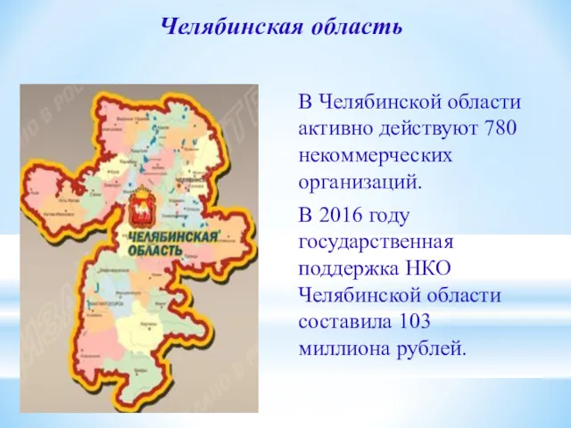 Челябинская область В Челябинской области активно действуют 780 некоммерческих организаций.