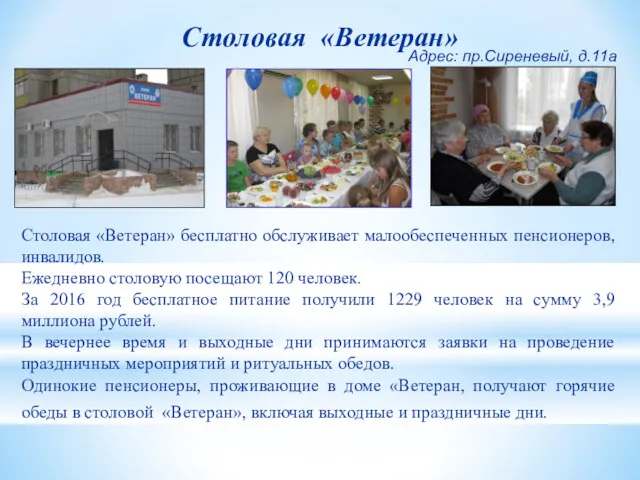 Столовая «Ветеран» Столовая «Ветеран» бесплатно обслуживает малообеспеченных пенсионеров, инвалидов. Ежедневно