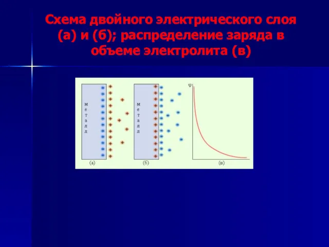 Схема двойного электрического слоя (а) и (б); распределение заряда в объеме электролита (в)