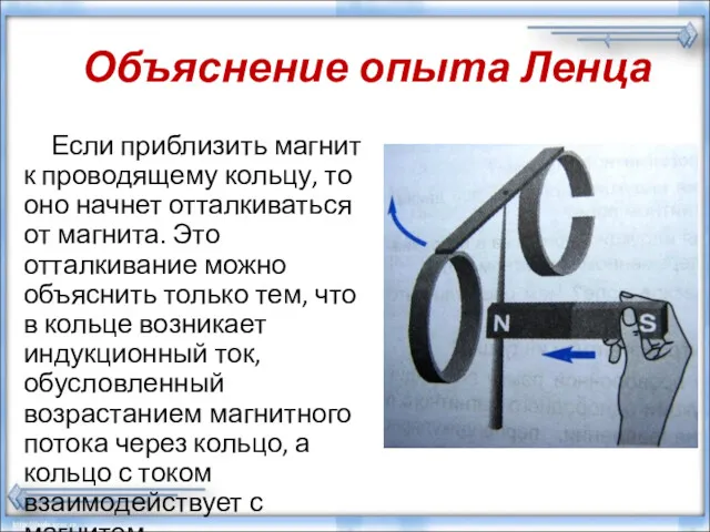 Объяснение опыта Ленца Если приблизить магнит к проводящему кольцу, то