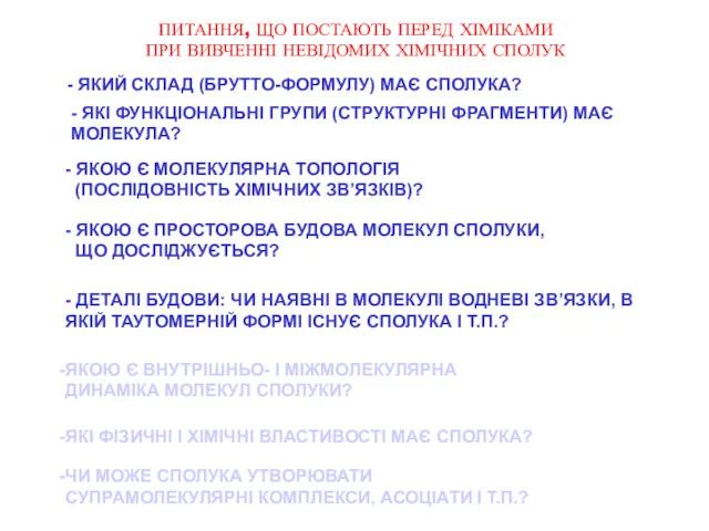 ПИТАННЯ, ЩО ПОСТАЮТЬ ПЕРЕД ХІМІКАМИ ПРИ ВИВЧЕННІ НЕВІДОМИХ ХІМІЧНИХ СПОЛУК