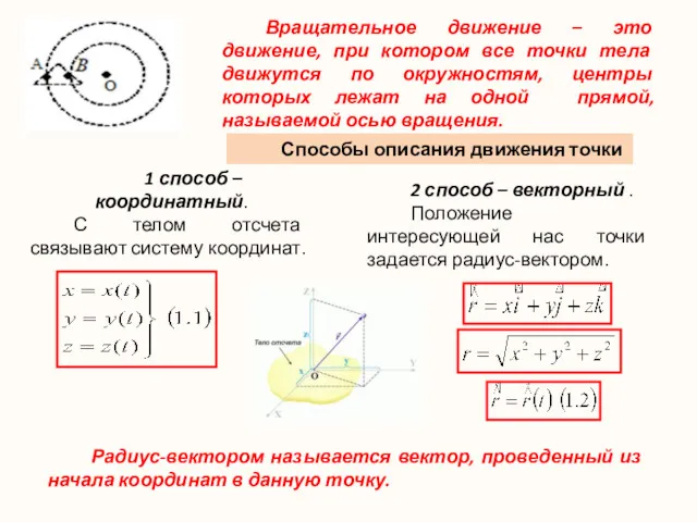 Вращательное движение – это движение, при котором все точки тела движутся по окружностям,