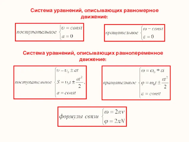 Система уравнений, описывающих равномерное движение: Система уравнений, описывающих равнопеременное движение: