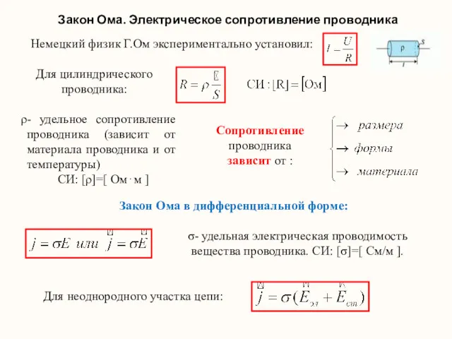 Закон Ома. Электрическое сопротивление проводника Для цилиндрического проводника: Немецкий физик Г.Ом экспериментально установил: