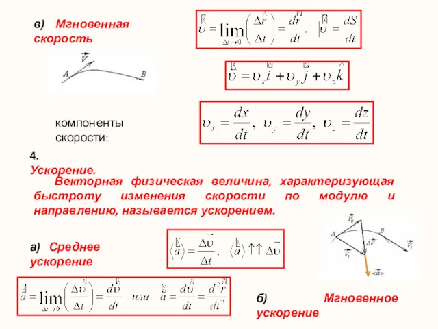 компоненты скорости: в) Мгновенная скорость Векторная физическая величина, характеризующая быстроту изменения скорости по