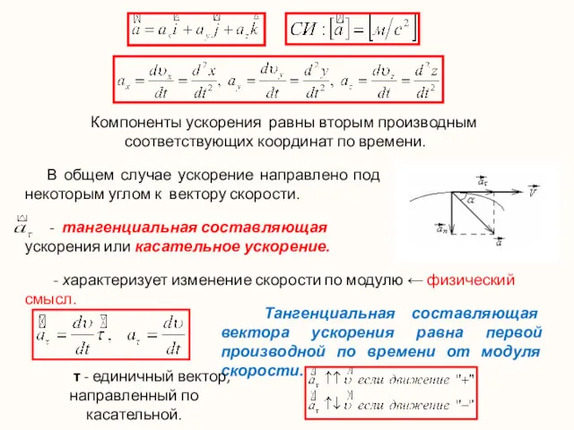 В общем случае ускорение направлено под некоторым углом к вектору скорости. Компоненты ускорения