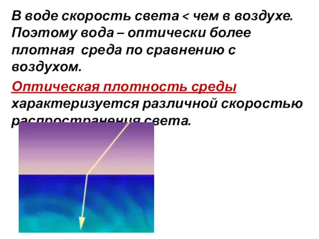 В воде скорость света Оптическая плотность среды характеризуется различной скоростью распространения света.