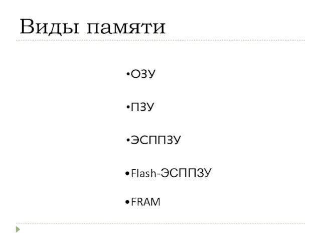 Виды памяти ОЗУ ПЗУ ЭСППЗУ Flash-ЭСППЗУ FRAM