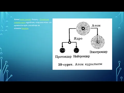 Атом (көне грекше: ἄτομος - Химиялық элементтерді құрайтын, олардың өзіне тән ерекшеліктерін сақтайтын ең кішкене бөлшек.