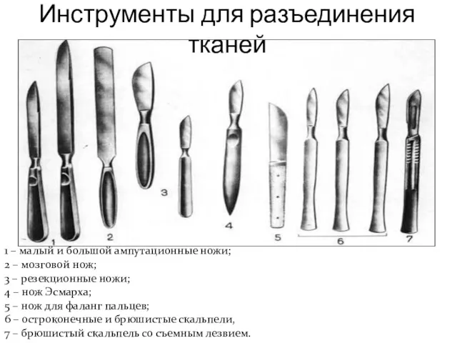Инструменты для разъединения тканей 1 – малый и большой ампутационные ножи; 2 –