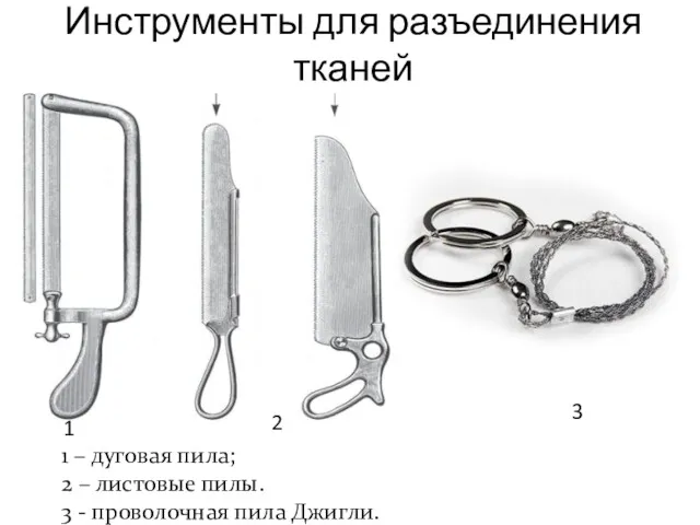 Инструменты для разъединения тканей 1 – дуговая пила; 2 –