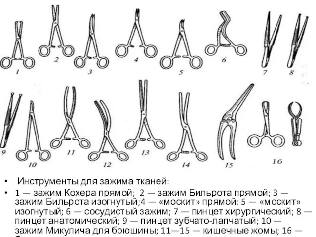 Инструменты для зажима тканей: 1 — зажим Кохера прямой; 2