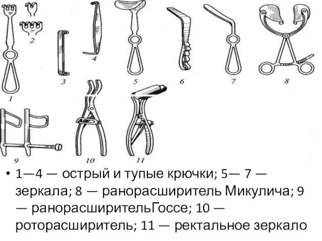 1—4 — острый и тупые крючки; 5— 7 — зеркала;