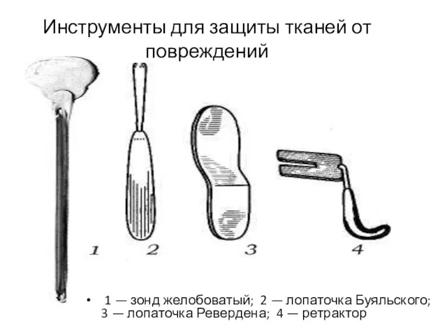 Инструменты для защиты тканей от повреждений 1 — зонд желобоватый; 2 — лопаточка