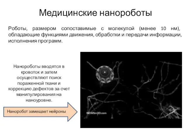 Медицинские нанороботы Роботы, размером сопоставимые с молекулой (менее 10 нм),