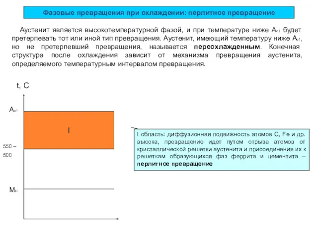 Фазовые превращения при охлаждении: перлитное превращение Аустенит является высокотемпературной фазой,