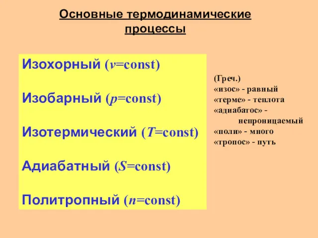 Основные термодинамические процессы Изохорный (v=const) Изобарный (p=const) Изотермический (T=const) Адиабатный