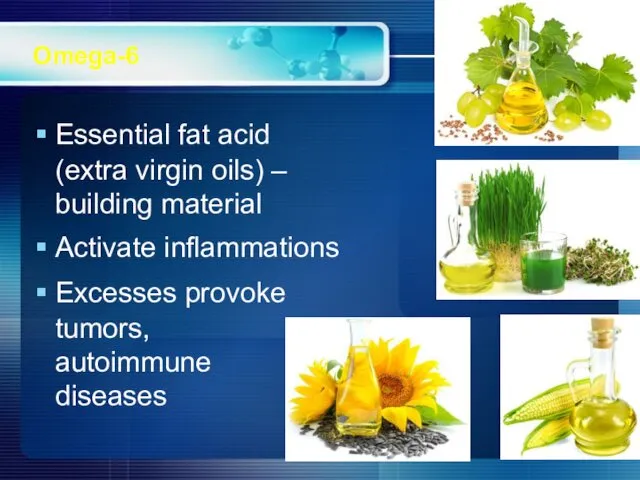 Omega-6 Essential fat acid (extra virgin oils) – building material Activate inflammations Excesses