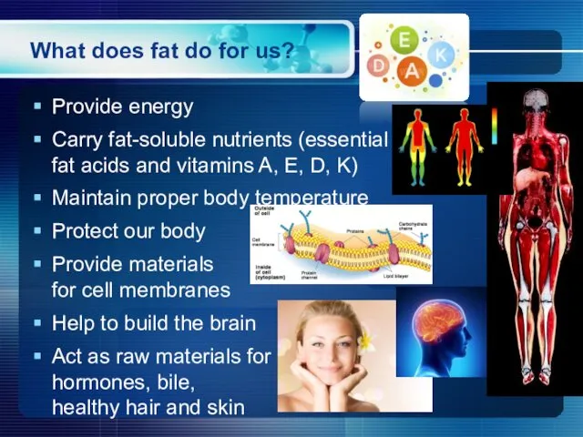 What does fat do for us? Provide energy Carry fat-soluble nutrients (essential fat