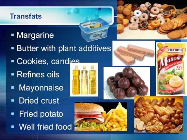 Transfats Margarine Butter with plant additives Cookies, candies Refines oils Mayonnaise Dried crust