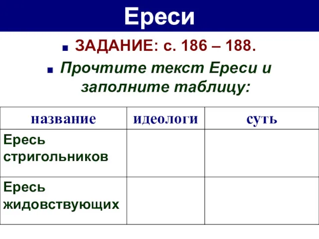 Ереси ЗАДАНИЕ: с. 186 – 188. Прочтите текст Ереси и заполните таблицу: