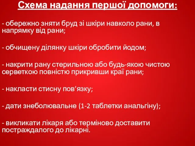 Схема надання першої допомоги: - обережно зняти бруд зі шкіри