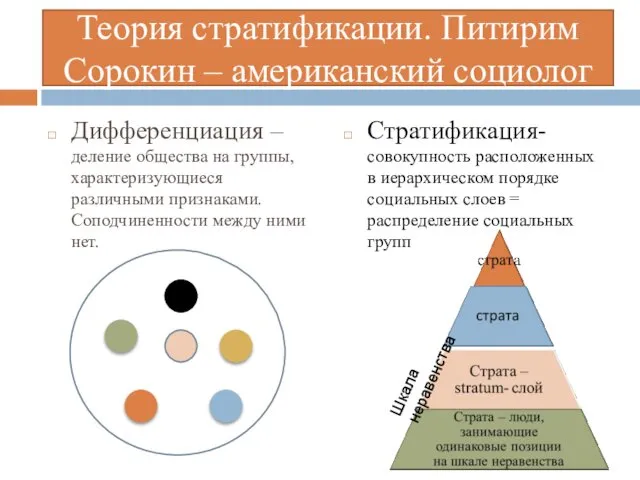 Теория стратификации. Питирим Сорокин – американский социолог Дифференциация – деление