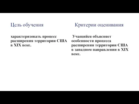 Цель обучения Критерии оценивания характеризовать процесс расширения территории США в